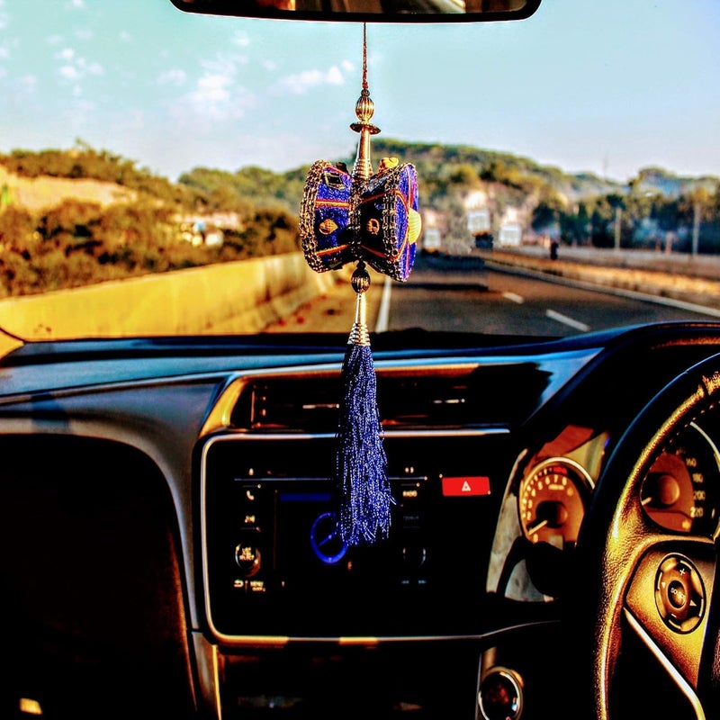 Unique Utilities U & U UNIQUE UTILITIES Car Mirror Hanging Damru | Cloth Car Hanging Shiva Damru | Spiritual Car Interior Decor Accessories, 7 x 6 x 6 cm, Blue - Image 4