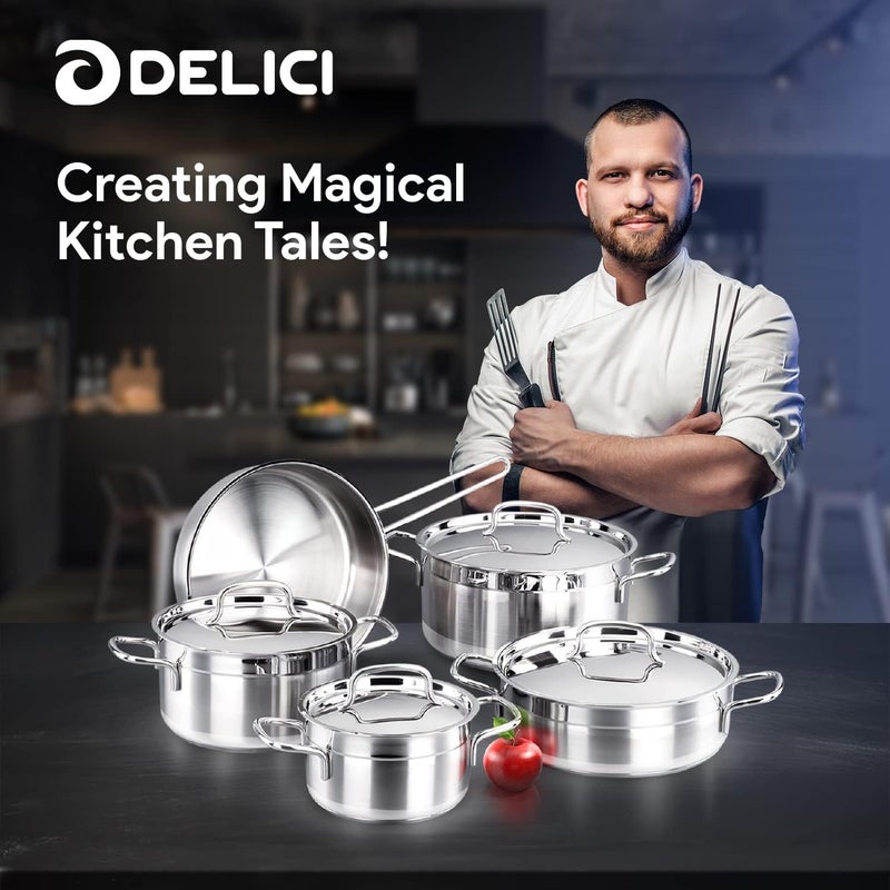 DELICI Stainless Steel Cookware Set 9 Pieces, 304 Grade SS Pots & Pans with Lids, Heavy Sandwich Base, Oven & Dishwasher Safe, 24cm Deep Saucepan, 24/20/16cm Saucepans with Lid, 24cm Fry Pan - DSK 9W - Image 3