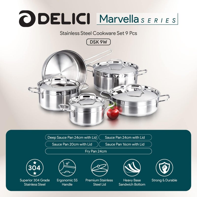 DELICI Stainless Steel Cookware Set 9 Pieces, 304 Grade SS Pots & Pans with Lids, Heavy Sandwich Base, Oven & Dishwasher Safe, 24cm Deep Saucepan, 24/20/16cm Saucepans with Lid, 24cm Fry Pan - DSK 9W - Image 2