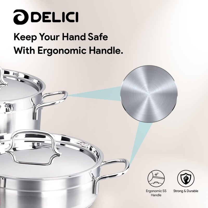 DELICI Stainless Steel Cookware Set 9 Pieces, 304 Grade SS Pots & Pans with Lids, Heavy Sandwich Base, Oven & Dishwasher Safe, 24cm Deep Saucepan, 24/20/16cm Saucepans with Lid, 24cm Fry Pan - DSK 9W - Image 4
