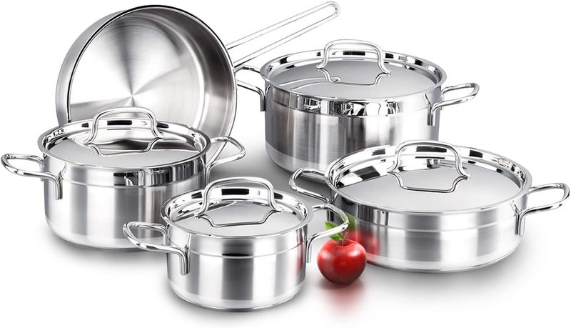 DELICI Stainless Steel Cookware Set 9 Pieces, 304 Grade SS Pots & Pans with Lids, Heavy Sandwich Base, Oven & Dishwasher Safe, 24cm Deep Saucepan, 24/20/16cm Saucepans with Lid, 24cm Fry Pan - DSK 9W - Image 1