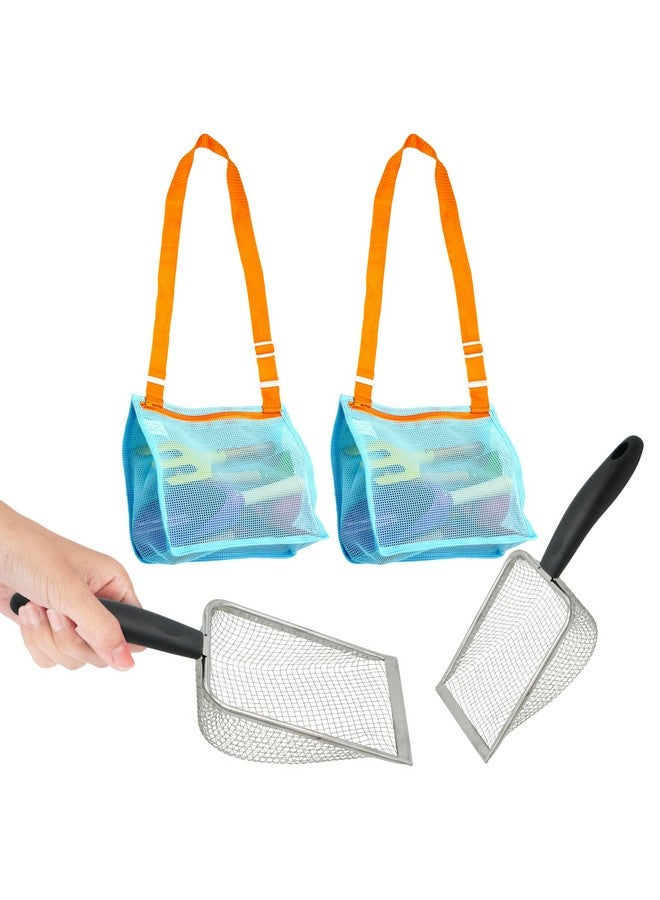4E's Novelty 2X Shark Tooth Sifter For Beach With 2X Small Mesh Beach Bag For Shell Collecting, Metal Sand Scoop For Picking Up Shells - Beach Toys For Kids (2 Sets) - Image 1
