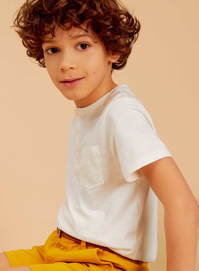 Boy Plain Jersey T-Shirt With Buttoned Neckline With Pocket