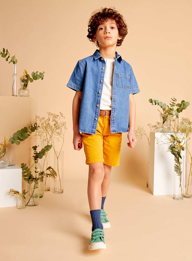 Boy Plain Jersey T-Shirt With Buttoned Neckline With Pocket