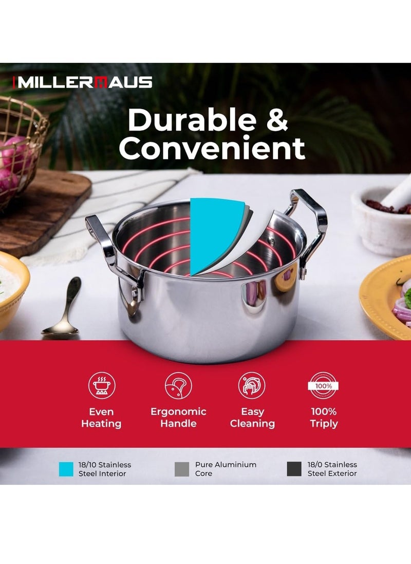 MILLERHAUS - Millerhaus 24Cm Triply Casserole With S/S Lid, Non-Reactive Cooking Surface Safe Cooking Pot | Stainless steel body with Cover - Image 1