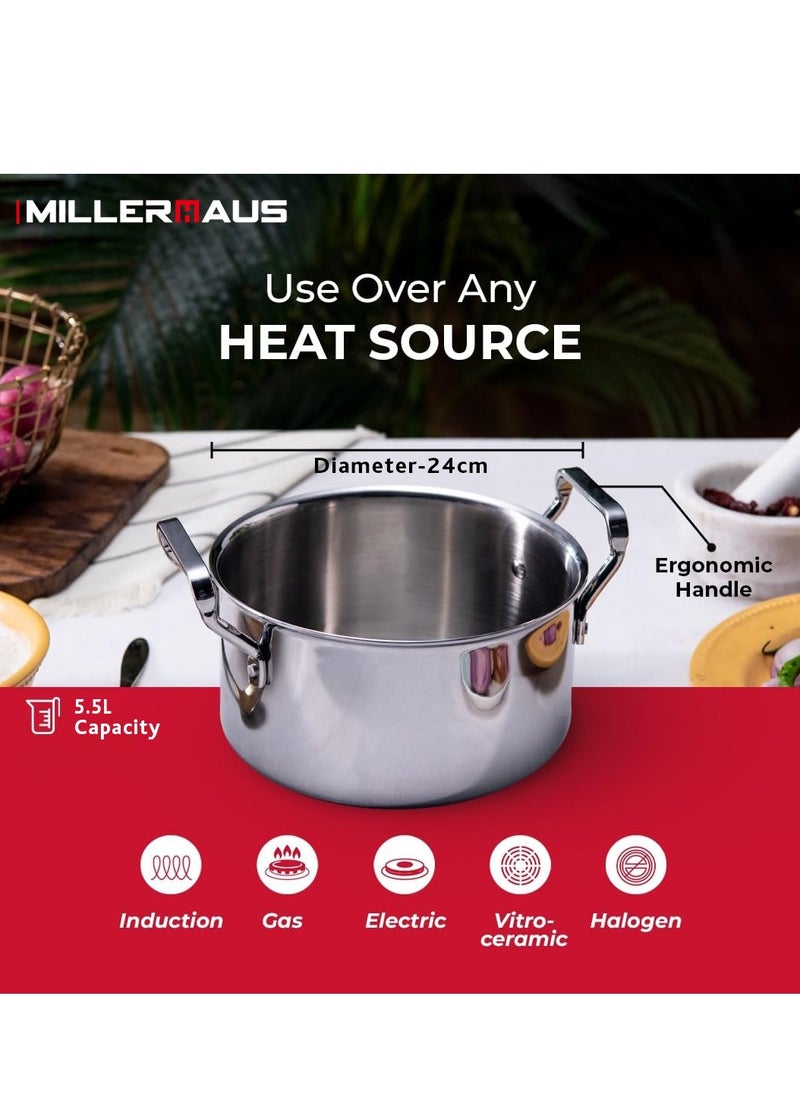 MILLERHAUS - Millerhaus 24Cm Triply Casserole With S/S Lid, Non-Reactive Cooking Surface Safe Cooking Pot | Stainless steel body with Cover - Image 1