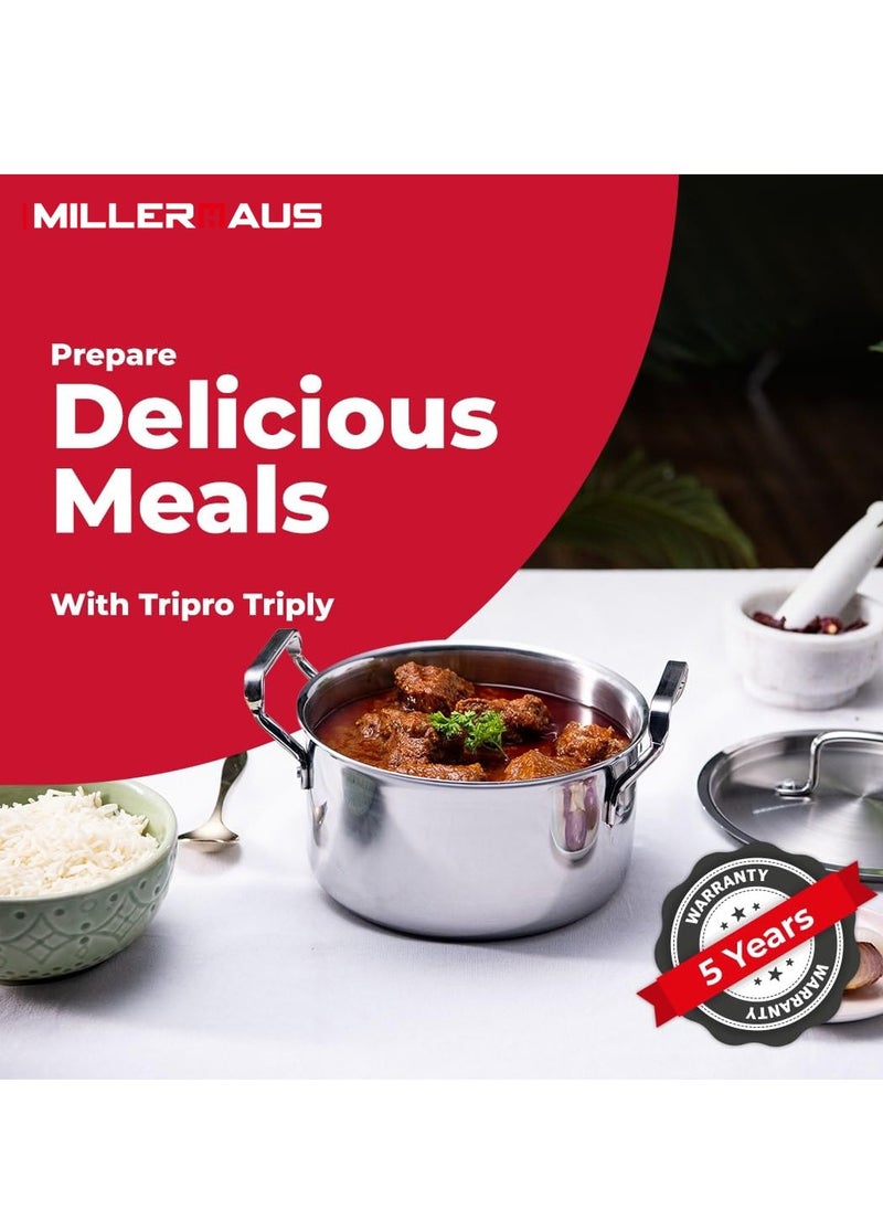 MILLERHAUS - Millerhaus 24Cm Triply Casserole With S/S Lid, Non-Reactive Cooking Surface Safe Cooking Pot | Stainless steel body with Cover - Image 1