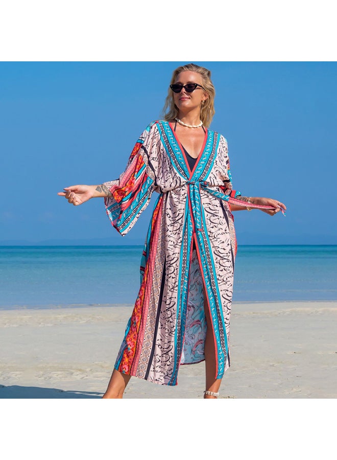 Loquat 2022 European And American Beach Blouse Positioning Printed Rayon Holiday Long Cardigan Bikini Women's Sunscreen Shirt-Color:6-Birds- - Image 1