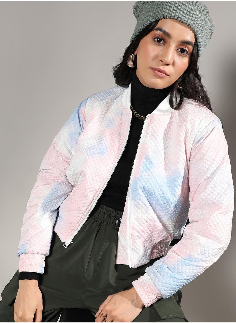 Campus Sutra Women's Powder Blue & Blush Pink Tie-Dye Micro Diamond Quilted Puffer Jacket  - Image 1