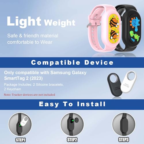 FGERWZ [2Pack] Silicone Bracelet for Samsung Galaxy SmartTag 2 (2023), Full Cover Wristband Smart Tag 2 Holder Waterproof, Adjustable Hidden SmartTag 2 Bracelet for Kids Elderly (Pink & Black) - Image 3