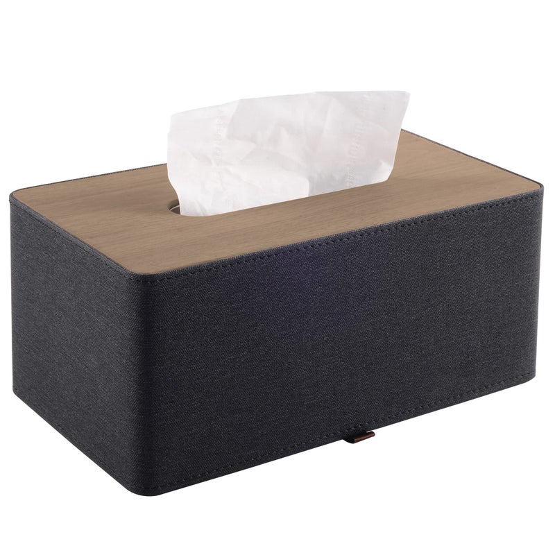 RHCSZ Highend Pu Leather Tissue Box Holder Two Color CombinationLinen and Wood GrainRounded Rectangle Napkin Paper Case Dispenser for Home Bathroom Dresser Offices Car Tissue Cover Black