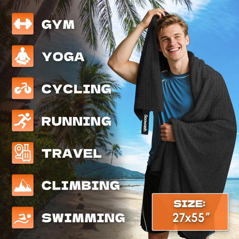 SOOWASH Microfiber Sweat Towel Quick Dry Lightweight Absorbent 3 Packï¼ŒFast Drying 27â€˜â€™ X 55â€˜â€™ Negative Ions Odorless Gym Towels for Men & Women Yoga Sports Travel Outdoor Camping Gym (Large Black) - Image 2