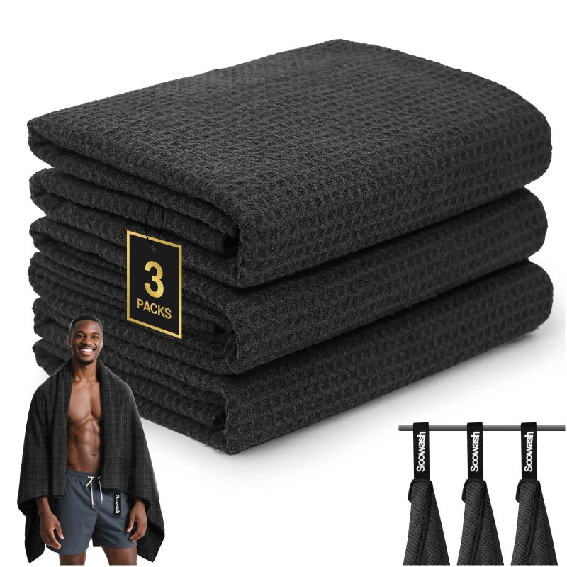 SOOWASH Microfiber Sweat Towel Quick Dry Lightweight Absorbent 3 Packï¼ŒFast Drying 27â€˜â€™ X 55â€˜â€™ Negative Ions Odorless Gym Towels for Men & Women Yoga Sports Travel Outdoor Camping Gym (Large Black) - Image 1