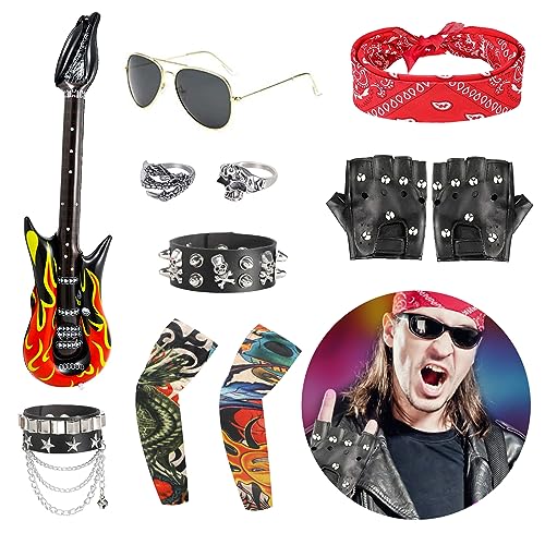 FASBET 11pcs Rockstar Costume 70s 80s 90s Rocker Costumes for Men and Women Motorcycle Biker Halloween Costume Punk Accessories Rock Star Costumes Guitar Rock and Roll Costume - Image 1