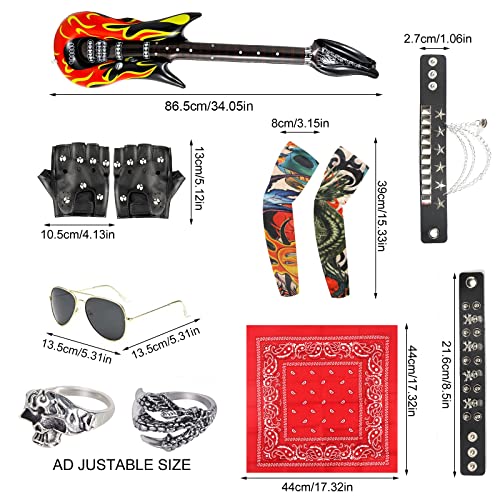 FASBET 11pcs Rockstar Costume 70s 80s 90s Rocker Costumes for Men and Women Motorcycle Biker Halloween Costume Punk Accessories Rock Star Costumes Guitar Rock and Roll Costume - Image 2