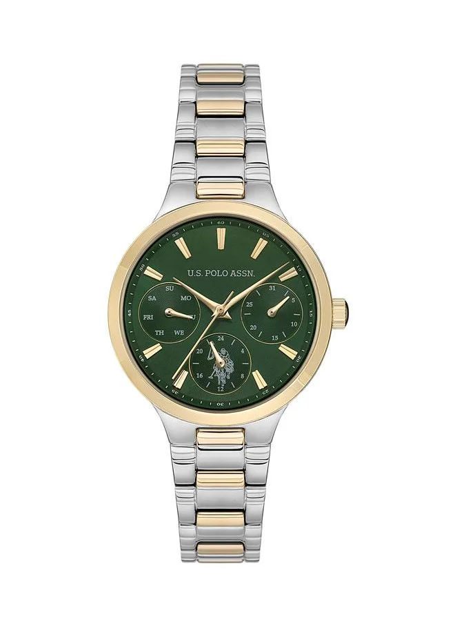 يو اس بولو اسن U.S. Polo Assn. Crossing 32mm Chronograph Ladies' Watch with Green Dial & Two-Tone Stainless Steel Bracelet - USPA2069-02, Timeless Elegance