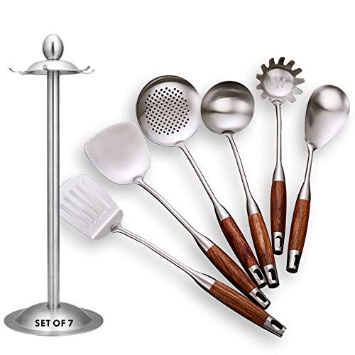 GXONE Cooking Utensils Set7pcs 304 Stainless Steel Kitchen Utensils Set with HolderHeat Resistant Wooden Handle Kitchen Tools
