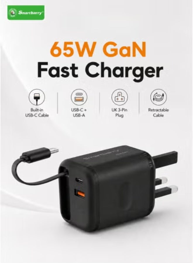Smartbarry 65W GaN Fast Wall Charger with Built-In Retractable USB-C Cable, 3-Port PD PPS Quick Charging Adapter, USB-C & USB-A, UK 3-Pin Plug for Phone, Tablet & Laptop - Black - Image 1