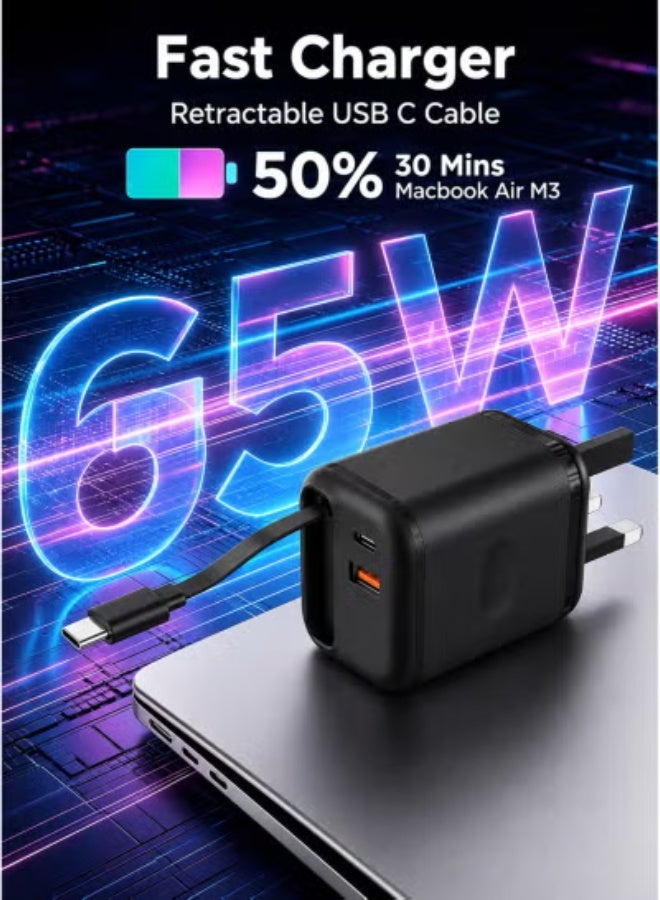 Smartbarry 65W GaN Fast Wall Charger with Built-In Retractable USB-C Cable, 3-Port PD PPS Quick Charging Adapter, USB-C & USB-A, UK 3-Pin Plug for Phone, Tablet & Laptop - Black - Image 2
