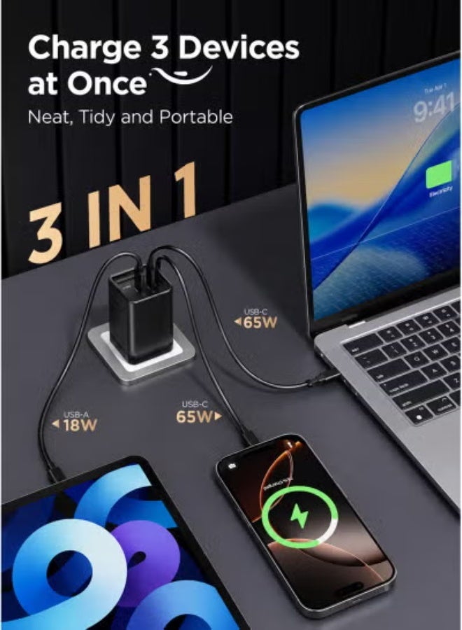 Smartbarry 65W GaN Fast Wall Charger with Built-In Retractable USB-C Cable, 3-Port PD PPS Quick Charging Adapter, USB-C & USB-A, UK 3-Pin Plug for Phone, Tablet & Laptop - Black - Image 4