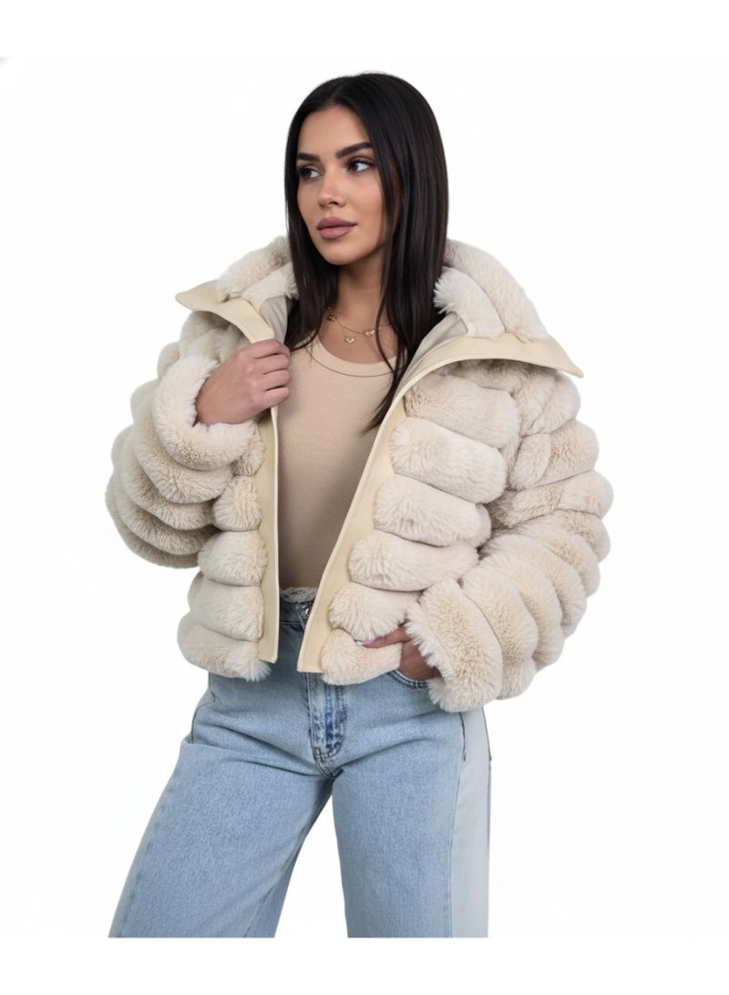 Fur-lined satin jacket with leather trim – Oversized, high-waisted design – High-quality imported material – One size fits up to 80 kg - Image 1