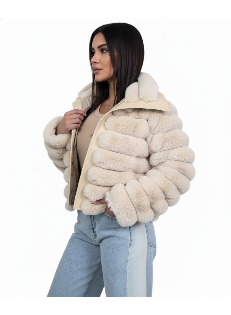 Fur-lined satin jacket with leather trim – Oversized, high-waisted design – High-quality imported material – One size fits up to 80 kg - Image 2