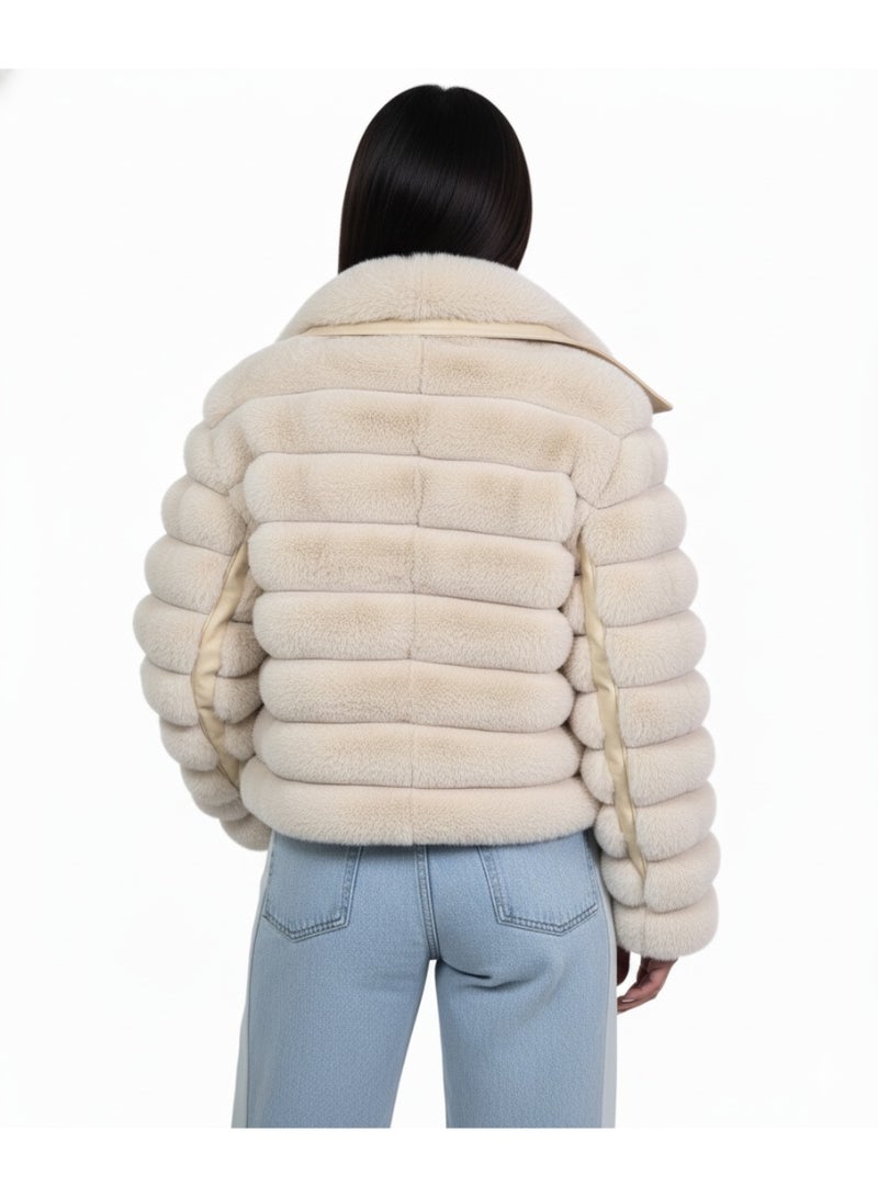 Fur-lined satin jacket with leather trim – Oversized, high-waisted design – High-quality imported material – One size fits up to 80 kg - Image 3