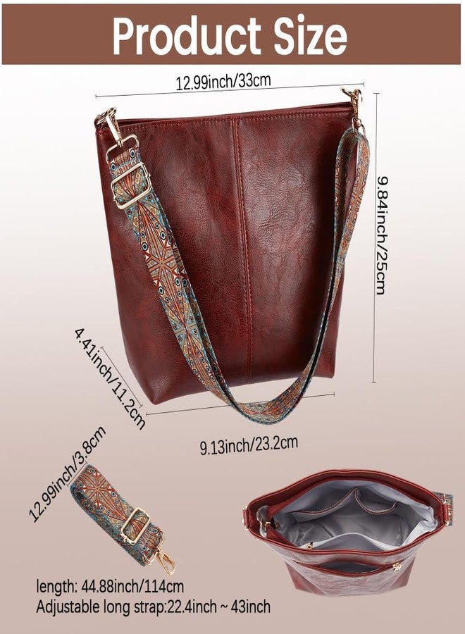 CALFOVERA Stylish Vegan Hobo Shoulder Purses Brown PU Leather Crossbody Bags Adjustable Wide Guitar Strap Tote Bucket Bag with Zipper for Women Working Shopping Traveling Daily Use Gifts - Image 3