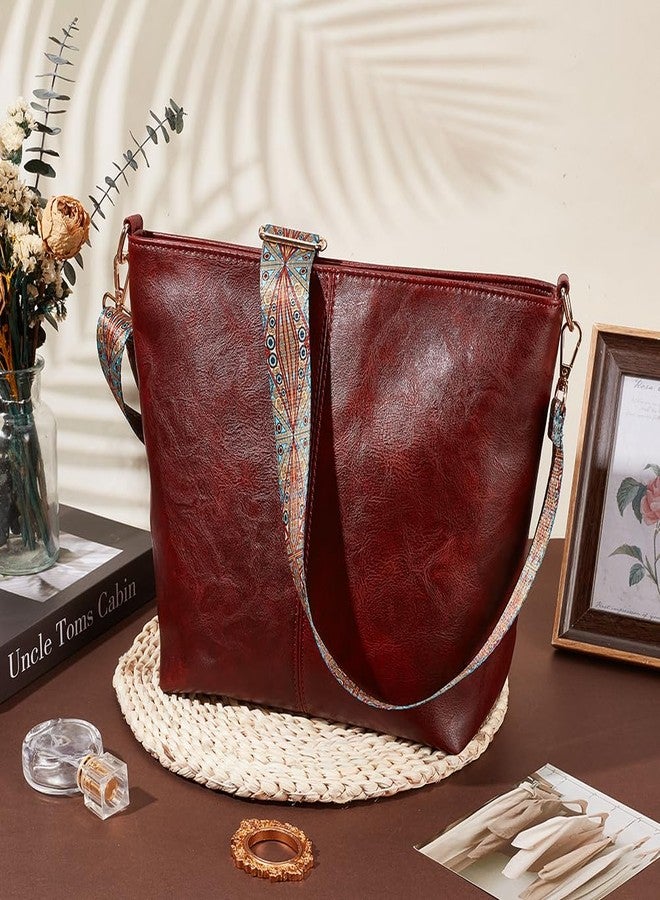 CALFOVERA Stylish Vegan Hobo Shoulder Purses Brown PU Leather Crossbody Bags Adjustable Wide Guitar Strap Tote Bucket Bag with Zipper for Women Working Shopping Traveling Daily Use Gifts - Image 2