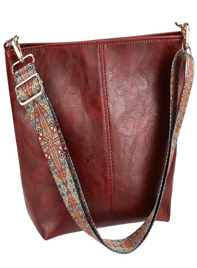 CALFOVERA Stylish Vegan Hobo Shoulder Purses Brown PU Leather Crossbody Bags Adjustable Wide Guitar Strap Tote Bucket Bag with Zipper for Women Working Shopping Traveling Daily Use Gifts - Image 1