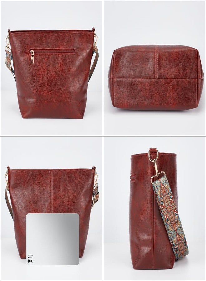 CALFOVERA Stylish Vegan Hobo Shoulder Purses Brown PU Leather Crossbody Bags Adjustable Wide Guitar Strap Tote Bucket Bag with Zipper for Women Working Shopping Traveling Daily Use Gifts - Image 4