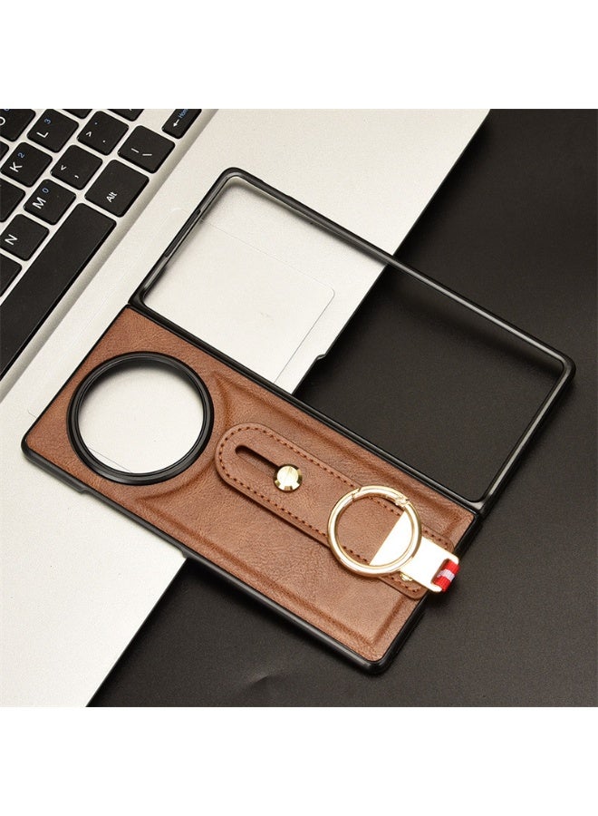 عام غطاء متوافق مع فيفو X فولد 3 5G، ثنائي المادة (جلد PU + صدفة) مع حزام معصم وحامل قائم، واقي كاميرا ضد الصدمات - باللون البني. - Image 2