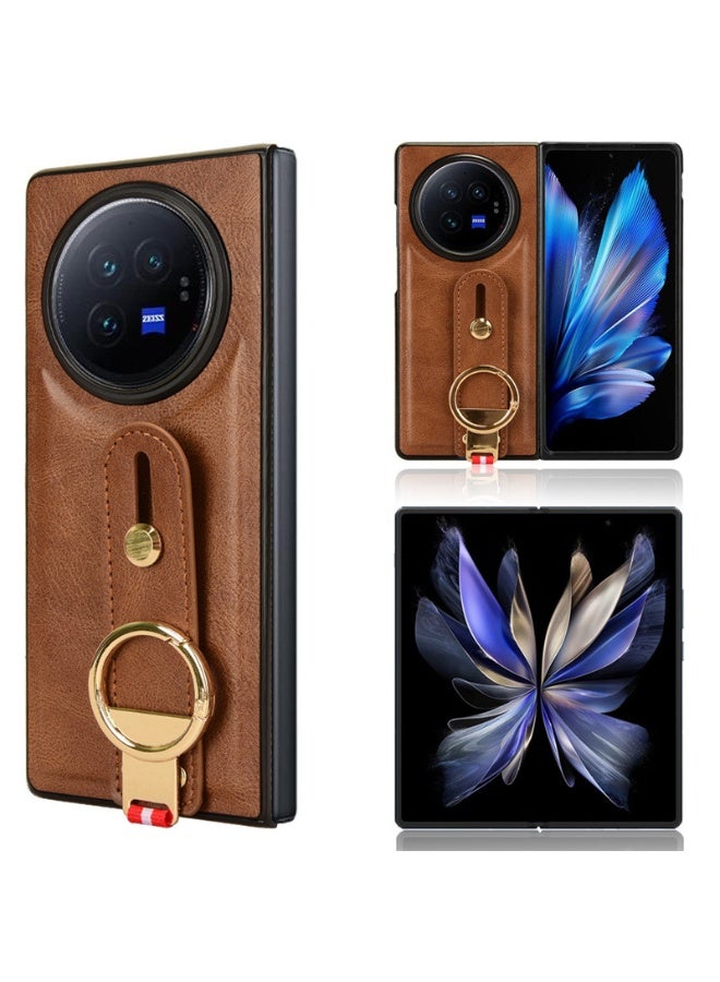 عام غطاء متوافق مع فيفو X فولد 3 5G، ثنائي المادة (جلد PU + صدفة) مع حزام معصم وحامل قائم، واقي كاميرا ضد الصدمات - باللون البني. - Image 4