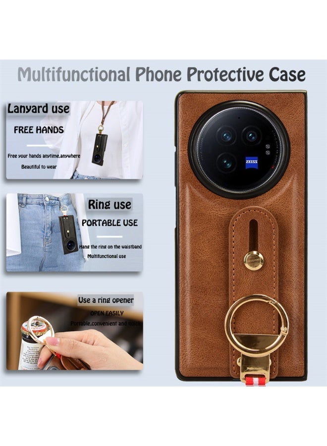 عام غطاء متوافق مع فيفو X فولد 3 5G، ثنائي المادة (جلد PU + صدفة) مع حزام معصم وحامل قائم، واقي كاميرا ضد الصدمات - باللون البني. - Image 3