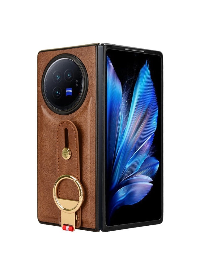 عام غطاء متوافق مع فيفو X فولد 3 5G، ثنائي المادة (جلد PU + صدفة) مع حزام معصم وحامل قائم، واقي كاميرا ضد الصدمات - باللون البني. - Image 1