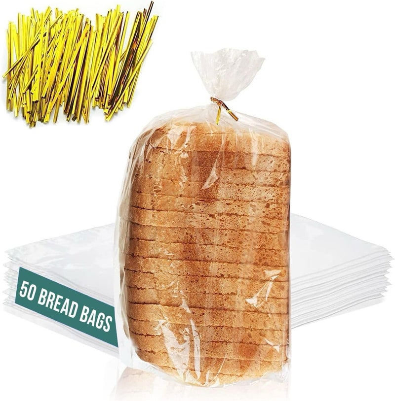 FUNSTITUTION Reusable Plastic Bread Bags for Homemade Bread - 50 Pack Clear Bag with Ties For An Airtight Moisture-free Preservation and Storage - Loaf For Home Bakers and Bakery Owners - Image 1