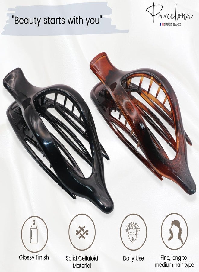 Parcelona French 2 Pieces Wide Beak Celluloid Tortoise Shell and Black Side Slide In Jaw Hair Claw Clip Clamp Clutcher - Image 2
