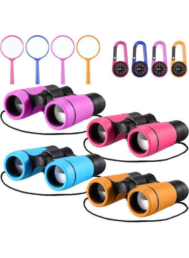 Yunsailing 4 Set Kids Binoculars Children Colorful Real Binoculars Set Shockproof High Resolution Binoculars with Magnifying Glass and Compass for Bird Watching Hunting Hiking Outdoor Exploring (Bright Color)  - Image 1