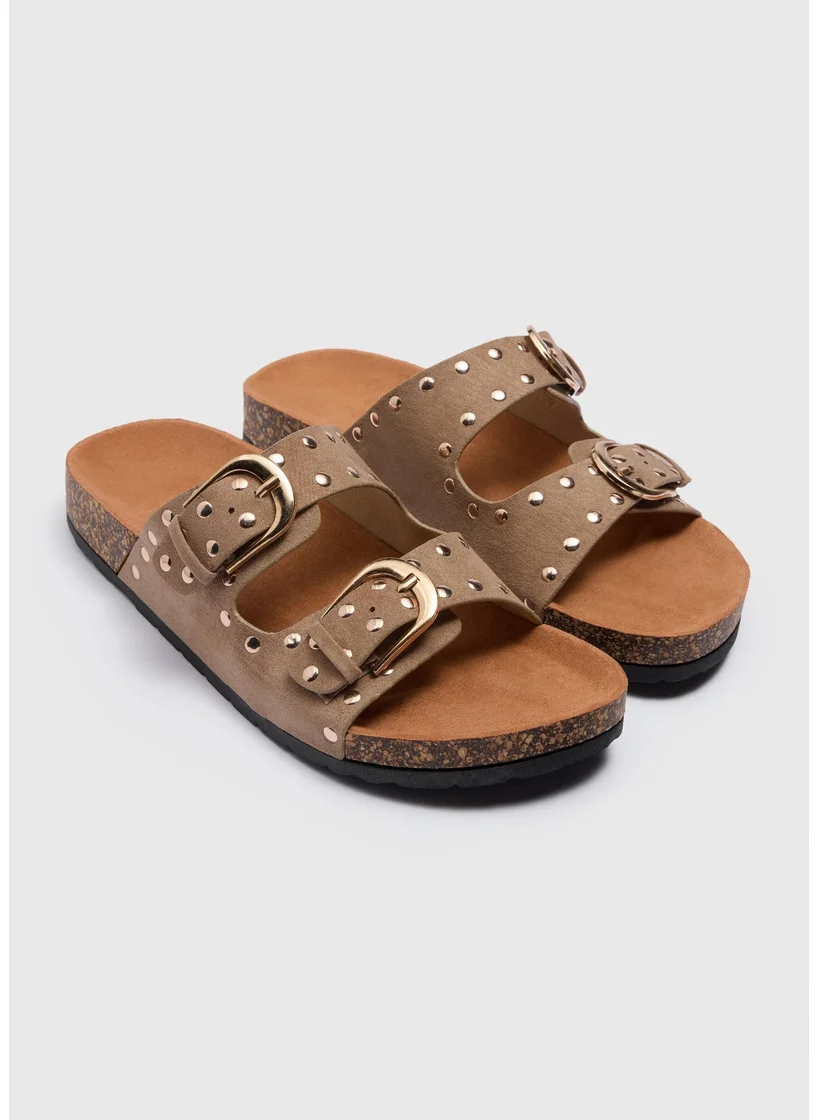 Matalan Taupe Studded Double Buckle Sandal