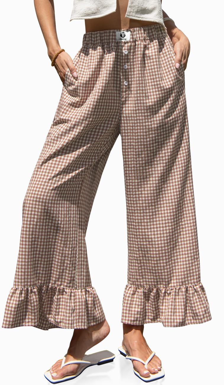 TARSE Womenâ€™s Plaid Wide Leg Pants Linen Flared Leg Baggy Drawstring Ruffle Palazzo Pants with Pockets(CoffeeWhite, XL) - Image 1