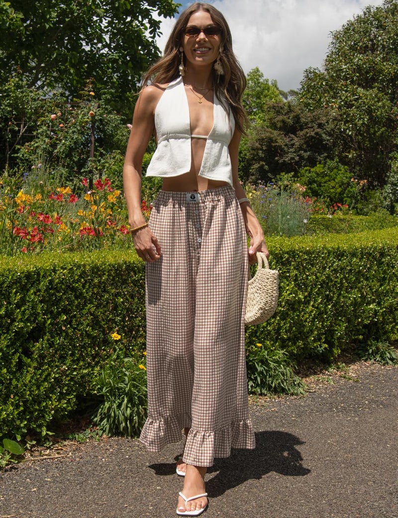 TARSE Womenâ€™s Plaid Wide Leg Pants Linen Flared Leg Baggy Drawstring Ruffle Palazzo Pants with Pockets(CoffeeWhite, XL) - Image 2