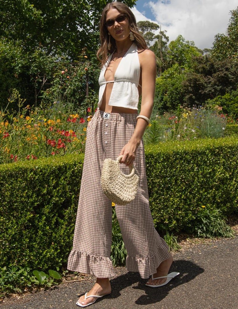 TARSE Womenâ€™s Plaid Wide Leg Pants Linen Flared Leg Baggy Drawstring Ruffle Palazzo Pants with Pockets(CoffeeWhite, XL) - Image 4