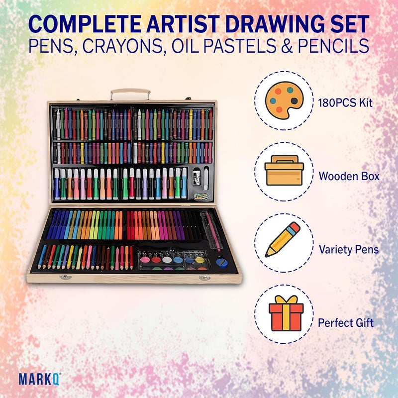 MARKQ 180 قطعة مجموعة فنون خشبية للأطفال والمبتدئين – مجموعة رسم وطلاء احترافية مع أقلام ملونة، وأقلام شمع، وأقلام مائية، وألوان زيتية وأدوات فنية في صندوق خشبي متميز للفنانين والطلاب - Image 2