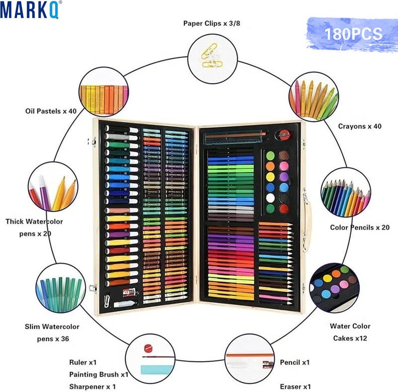 MARKQ 180 قطعة مجموعة فنون خشبية للأطفال والمبتدئين – مجموعة رسم وطلاء احترافية مع أقلام ملونة، وأقلام شمع، وأقلام مائية، وألوان زيتية وأدوات فنية في صندوق خشبي متميز للفنانين والطلاب - Image 4