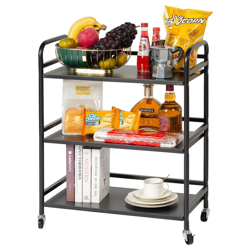DCLRN 3 Tier Rolling Cart with Lockable Wheels Sturdy ConstructionSolid ShelvesRecessed Screw Holes Ideal for Kitchen and Home Storage Size236 Dx118 Wx295 HBlack