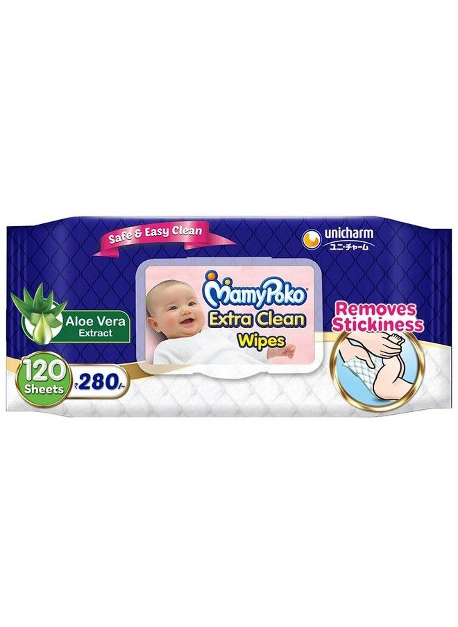 MamyPoko Extra Clean Wipes With Aloe Vera Pack Of 120  - Image 2