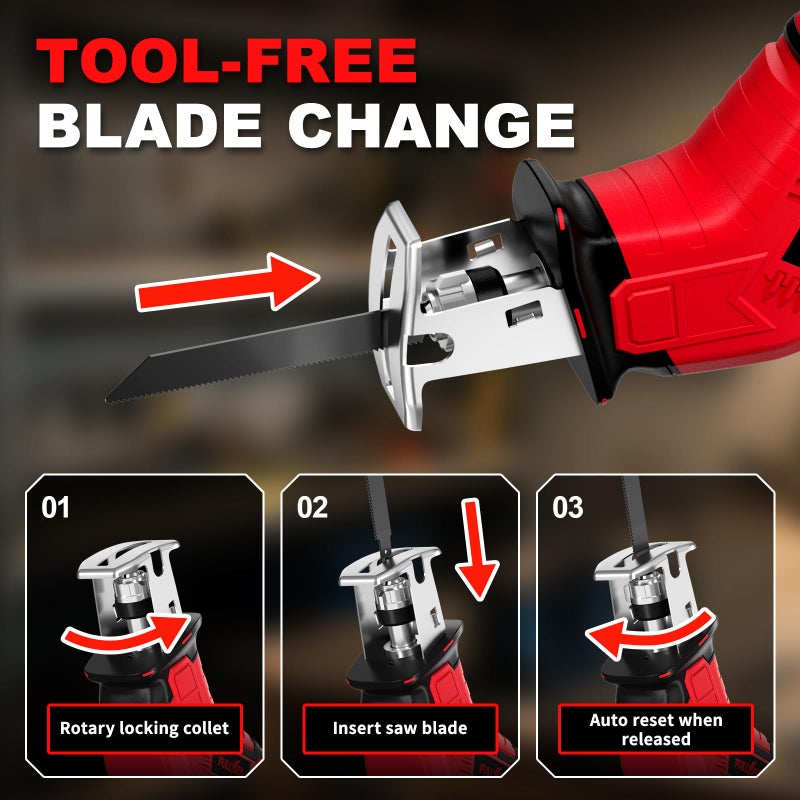 FULLYEA Cordless Reciprocating Saw, 0-3500 RPM Electric Saws with 4 Blades & 2*2.0Ah Batteries, Toolâ€‘Free Blade Change, Handheld Saw Lightweight, Battery Reciprocating Saws for Cutting Wood PVC Pipe - Image 3