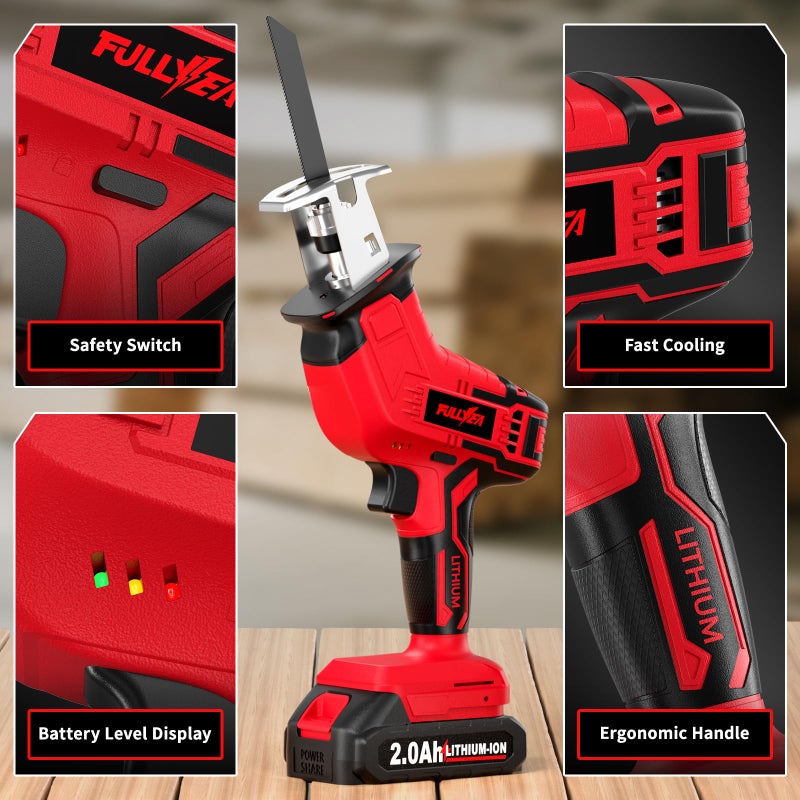 FULLYEA Cordless Reciprocating Saw, 0-3500 RPM Electric Saws with 4 Blades & 2*2.0Ah Batteries, Toolâ€‘Free Blade Change, Handheld Saw Lightweight, Battery Reciprocating Saws for Cutting Wood PVC Pipe - Image 2