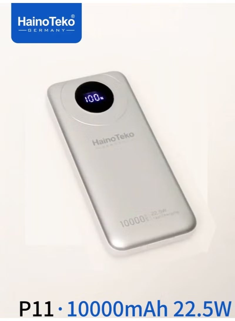 Haino Teko P11 10000mAh Portable Power Bank with 22.5W Fast Charging, LED Display, Built-in Cables & Multi-Device Support – Compact Silver External Battery for Smartphones & Tablets - Image 3