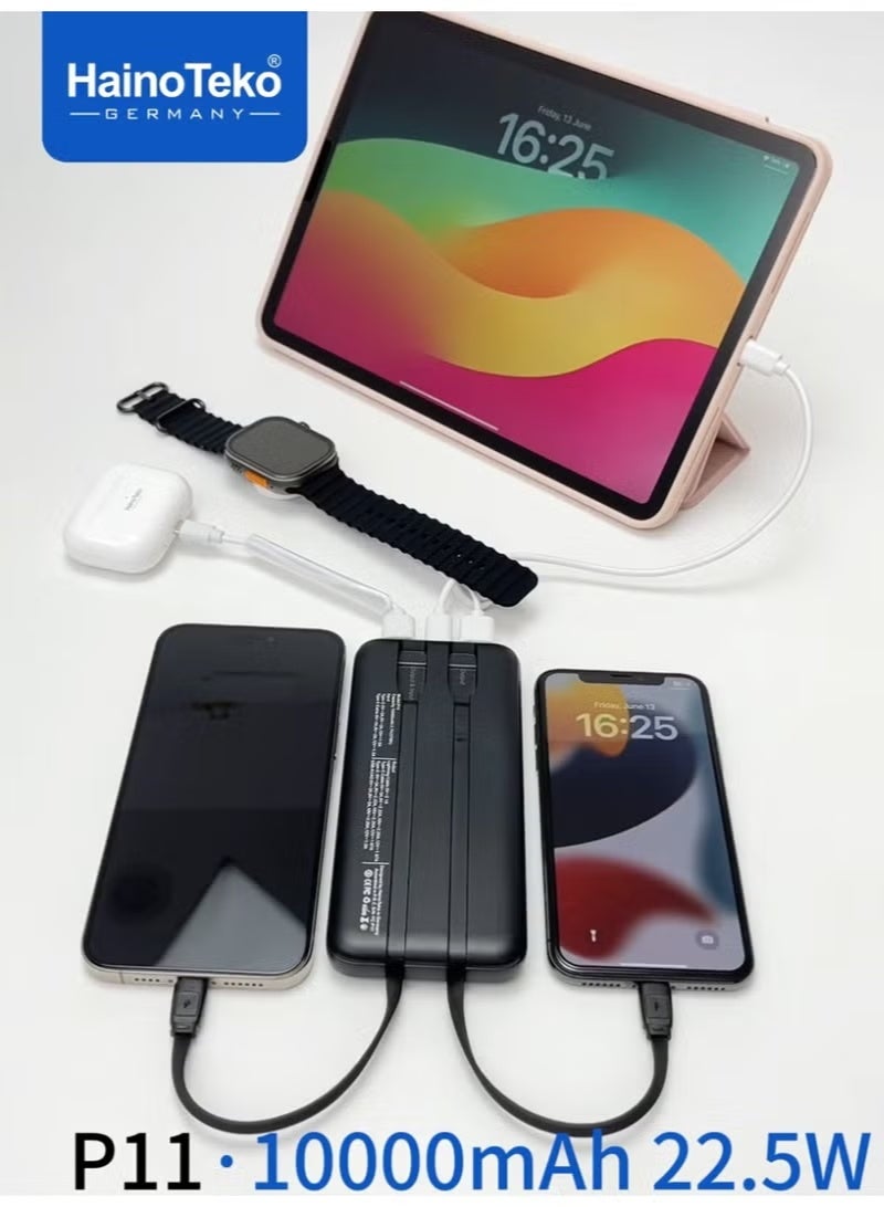 Haino Teko P11 10000mAh Portable Power Bank with 22.5W Fast Charging, LED Display, Built-in Cables & Multi-Device Support – Compact Silver External Battery for Smartphones & Tablets - Image 5